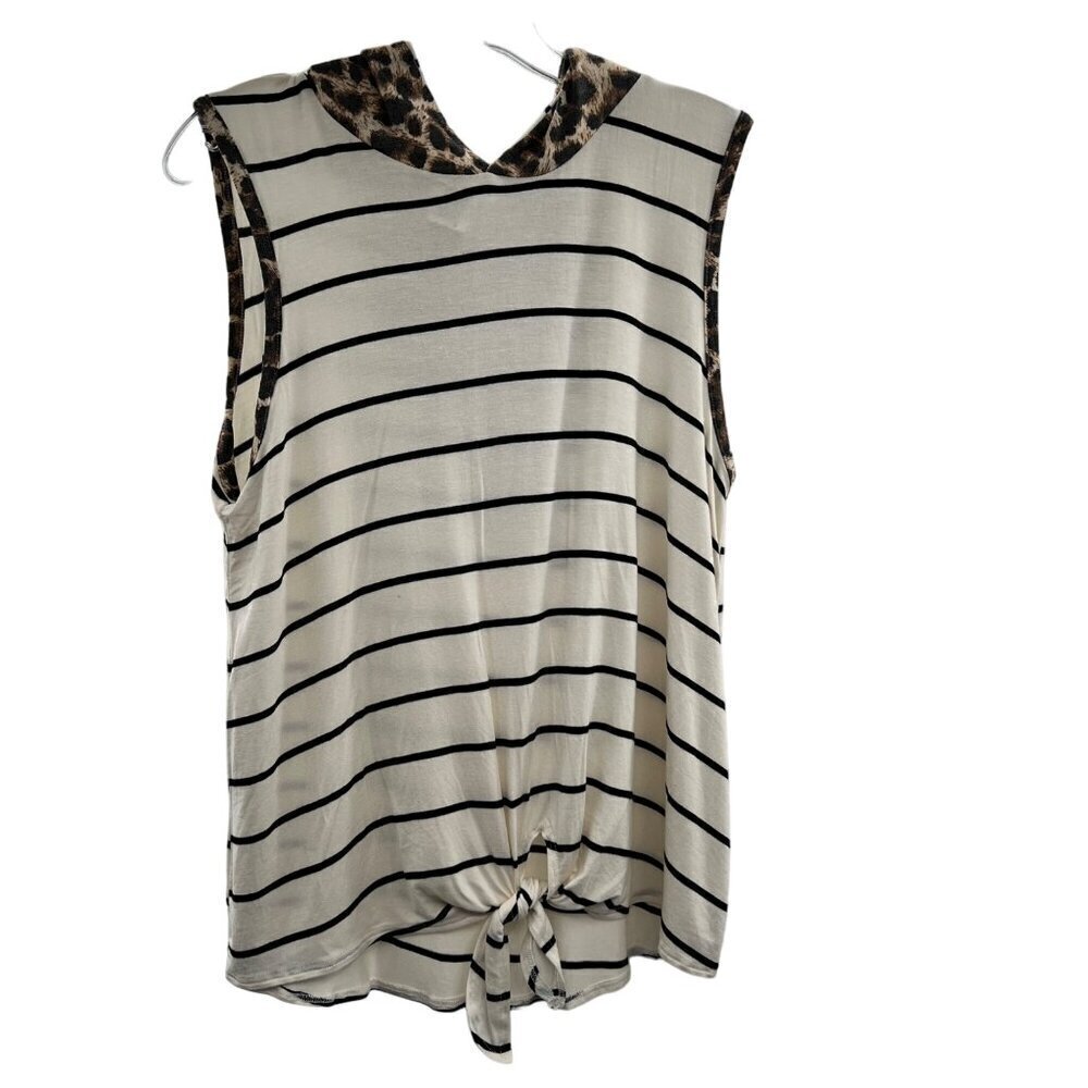 7th Ray Sleeveless Knotted Hem Striped Top Leopard Print Hood Size Medium